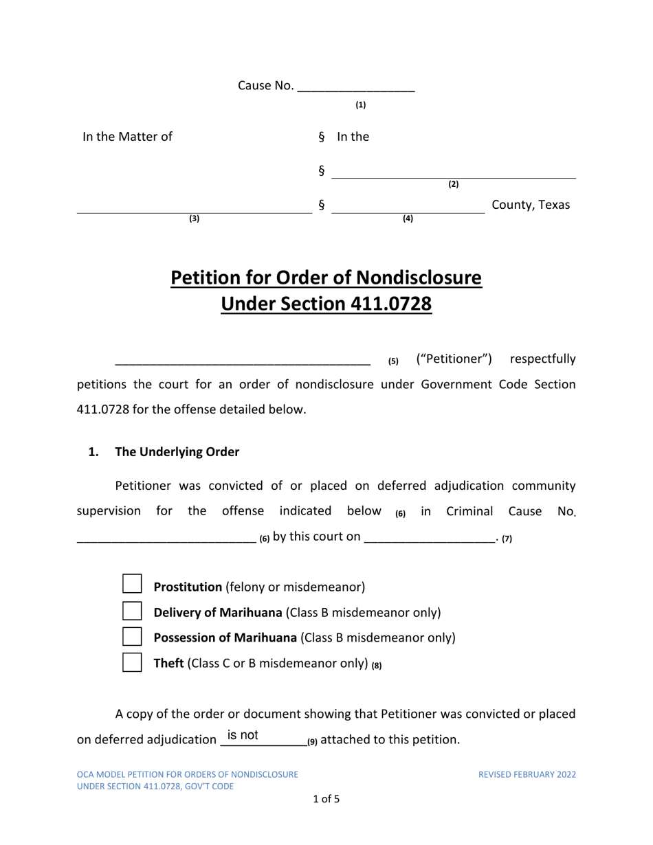 Petition for Order of Nondisclosure Under Section 411.0728 - Texas, Page 1