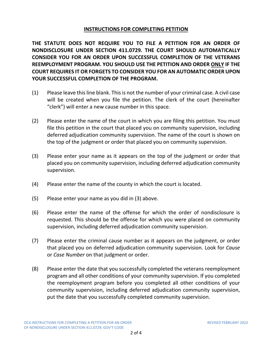 Instructions for Model Petition for Order of Nondisclosure Under Section 411.0729 - Texas, Page 2