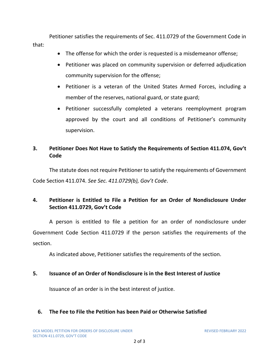 Petition for Order of Nondisclosure Under Section 411.0729 - Texas, Page 2