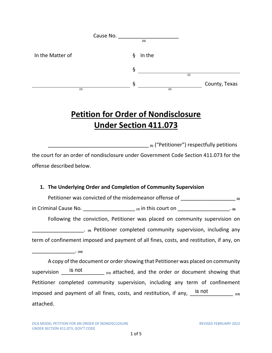 Petition for Order of Nondisclosure Under Section 411.073 - Texas, Page 1