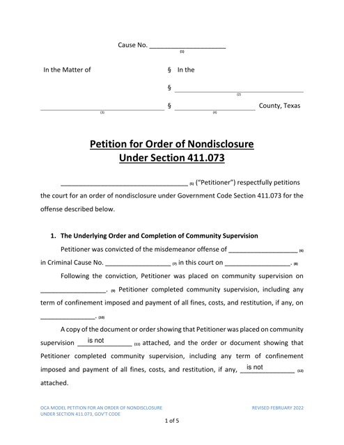 Petition for Order of Nondisclosure Under Section 411.073 - Texas Download Pdf