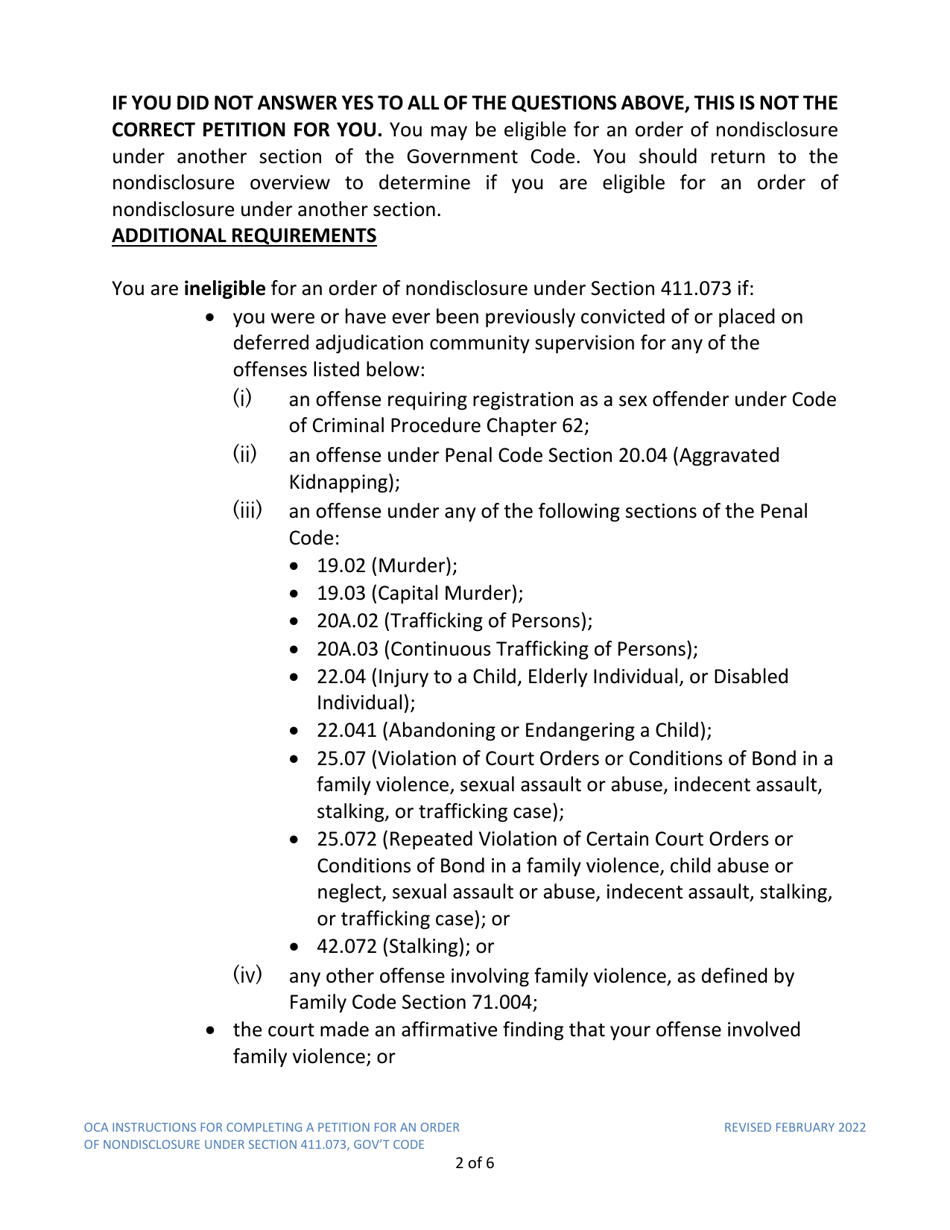 Instructions for Model Petition for Order of Nondisclosure Under Section 411.073 - Texas, Page 2