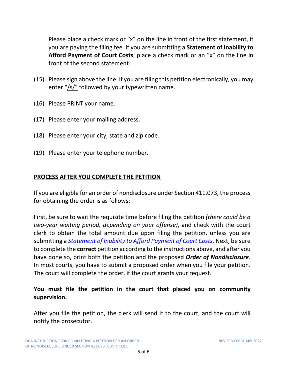 Instructions for Model Petition for Order of Nondisclosure Under Section 411.073 - Texas, Page 5
