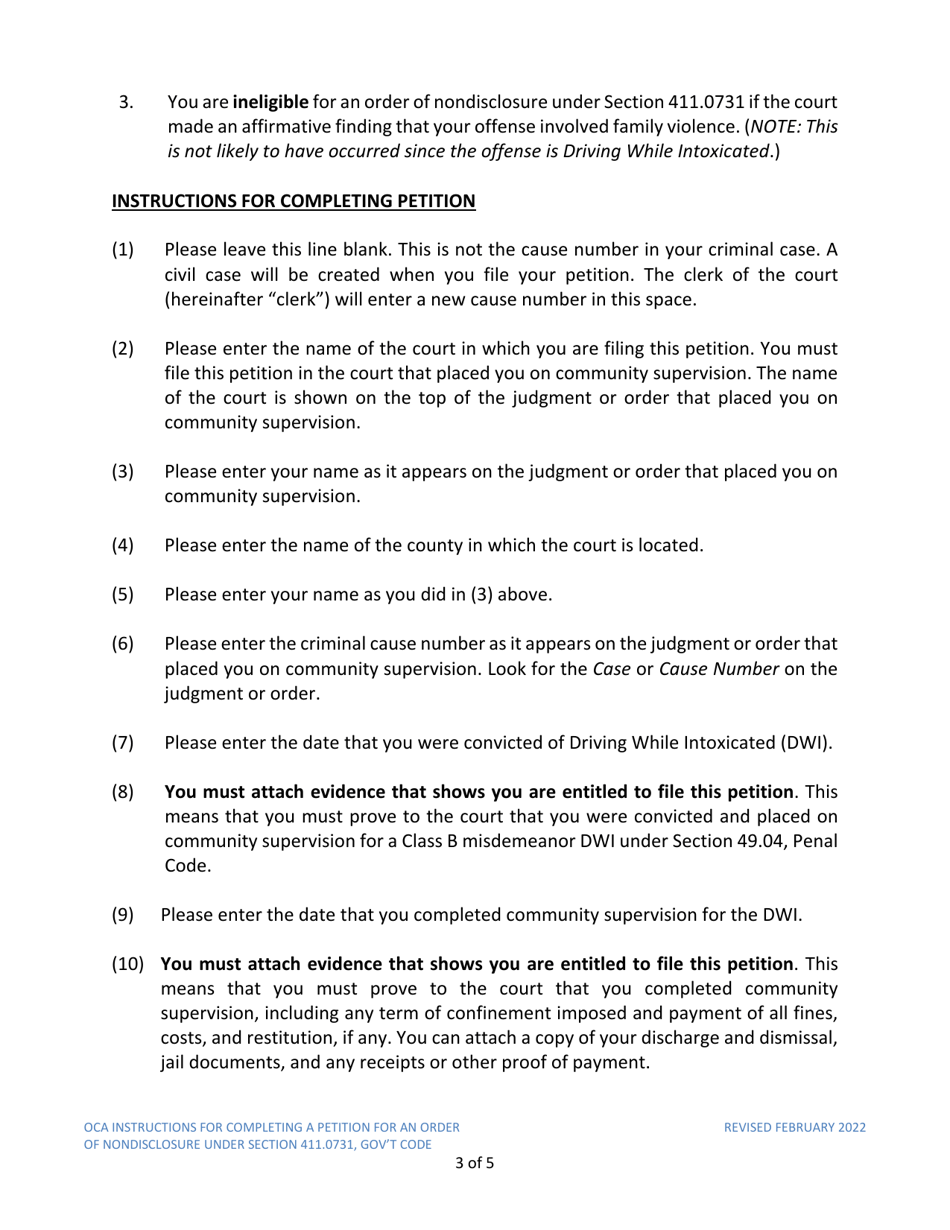 Instructions for Model Petition for Order of Nondisclosure Under Section 411.0731 - Texas, Page 3