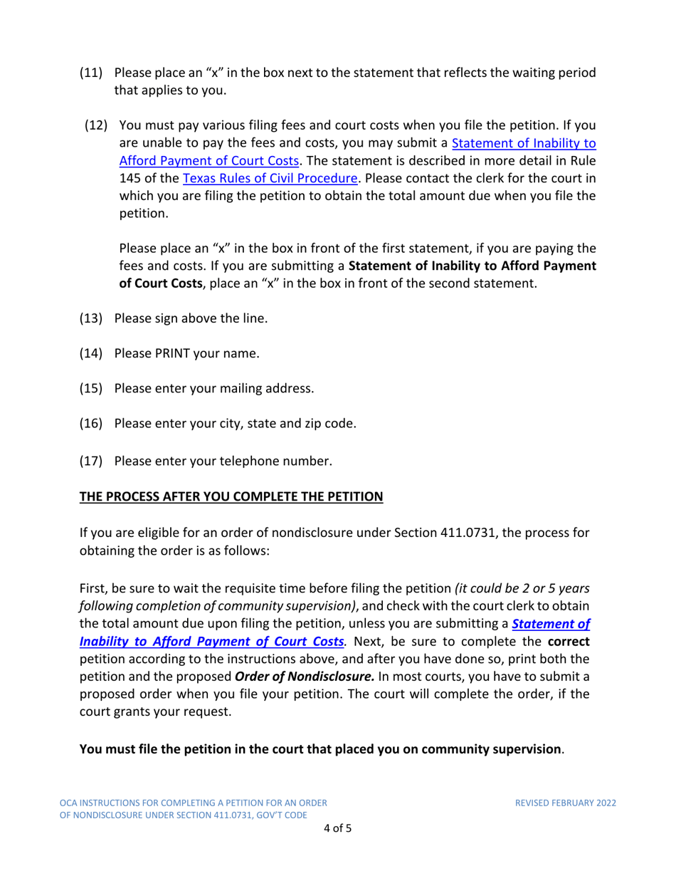 Instructions for Model Petition for Order of Nondisclosure Under Section 411.0731 - Texas, Page 4