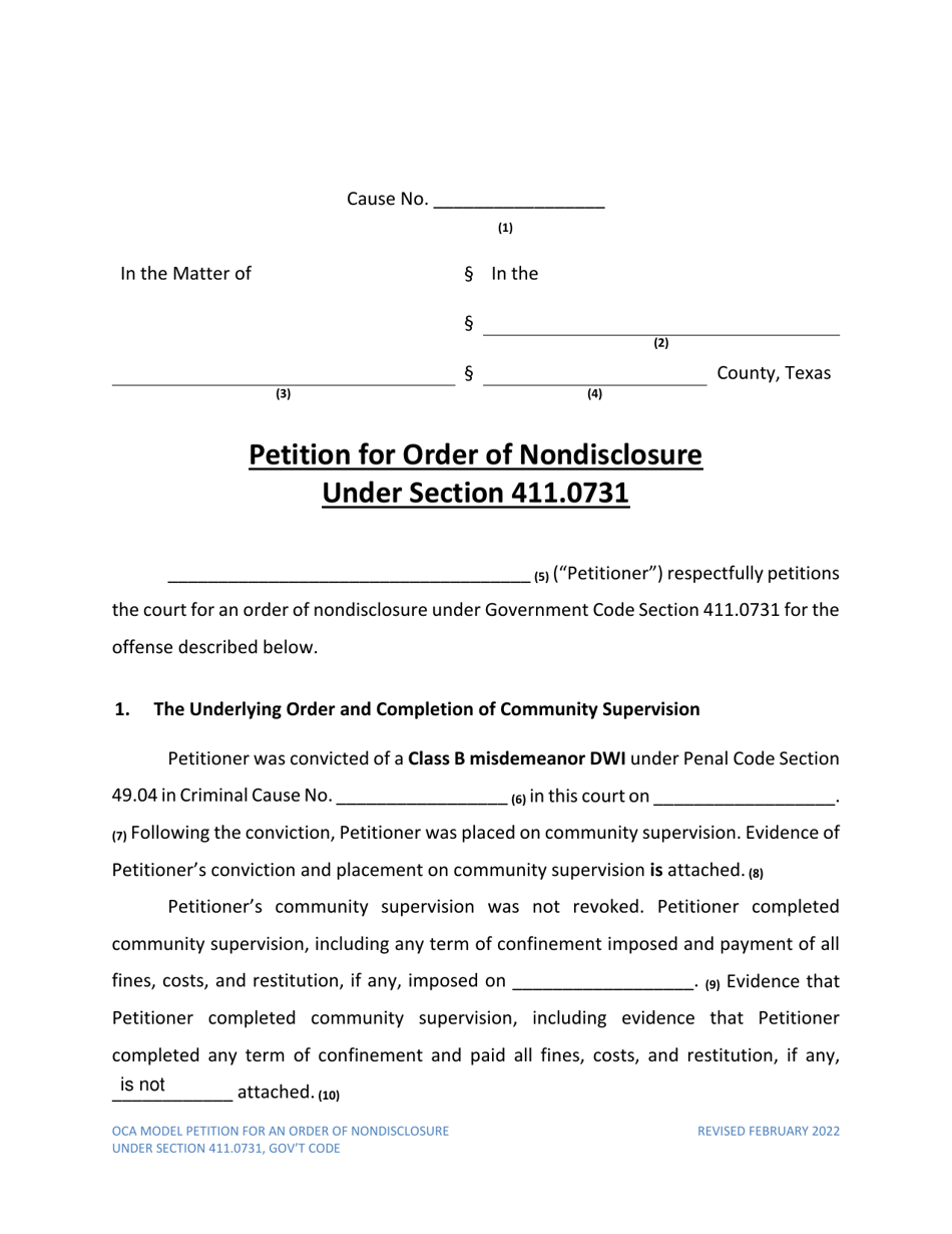 Petition for Order of Nondisclosure Under Section 411.0731 - Texas, Page 1