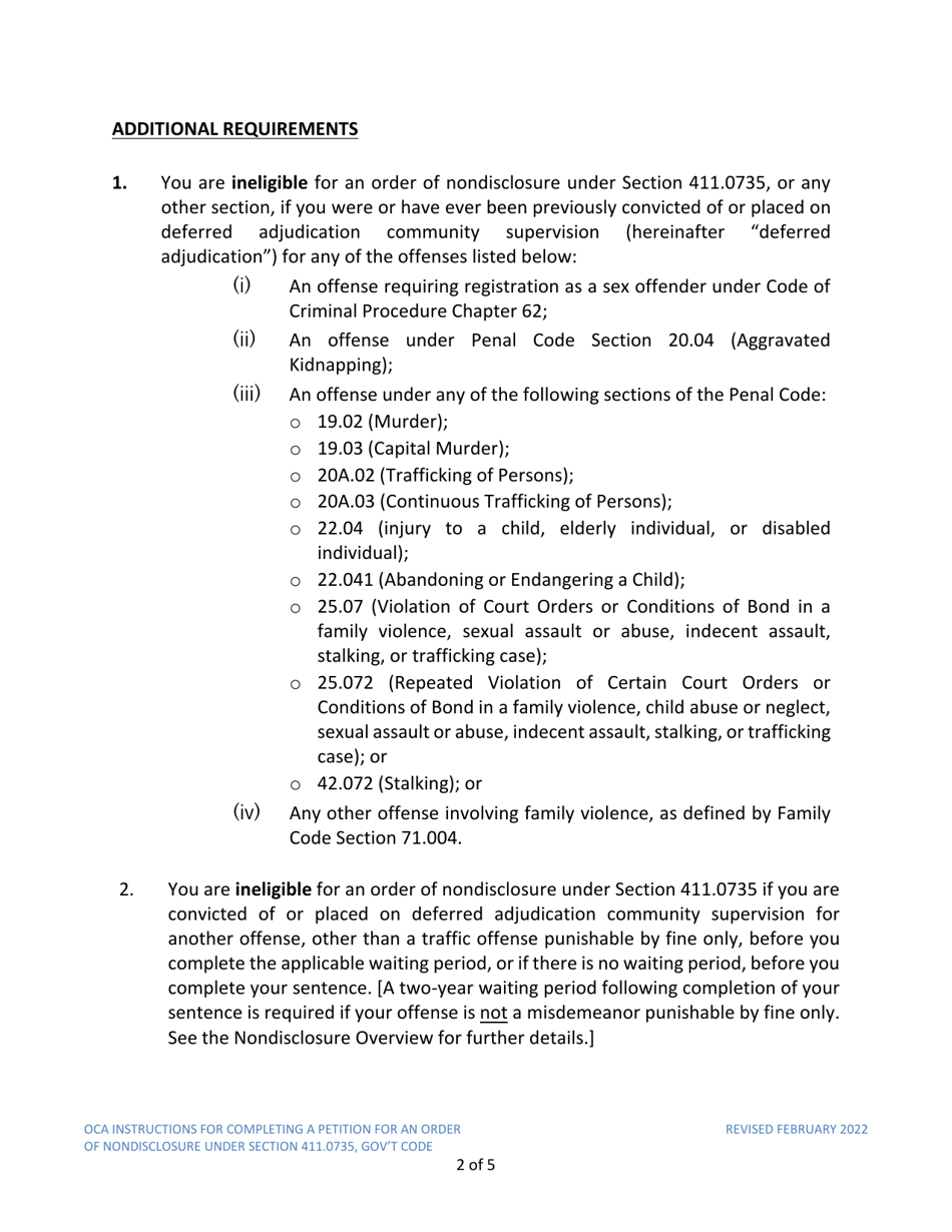 Instructions for Model Petition for Order of Nondisclosure Under Section 411.0735 - Texas, Page 2
