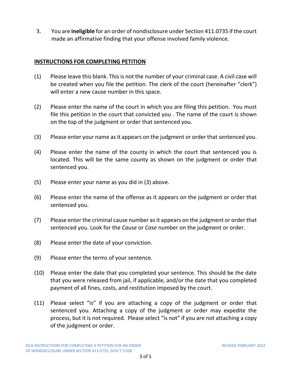 Instructions for Model Petition for Order of Nondisclosure Under Section 411.0735 - Texas, Page 3