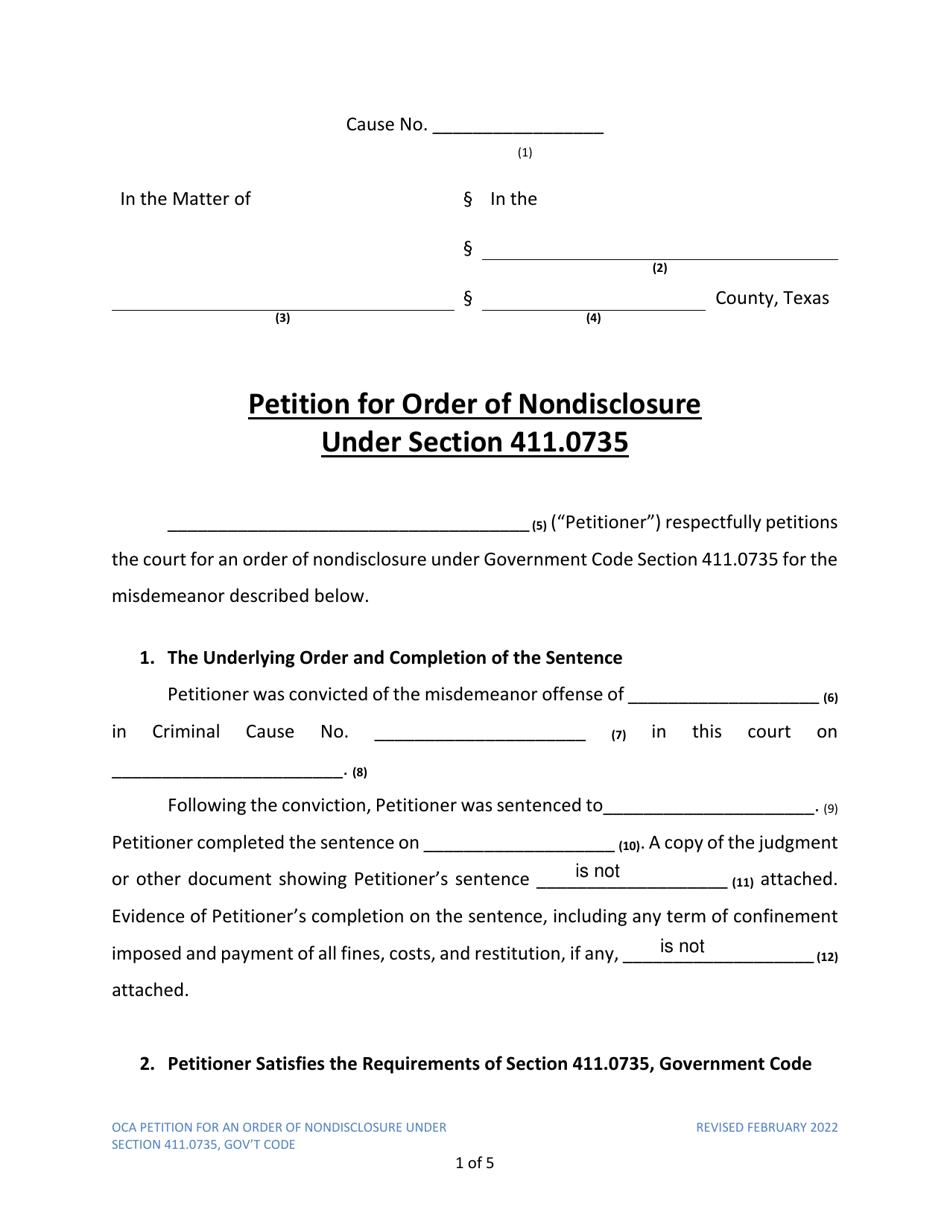 Petition for Order of Nondisclosure Under Section 411.0735 - Texas, Page 1