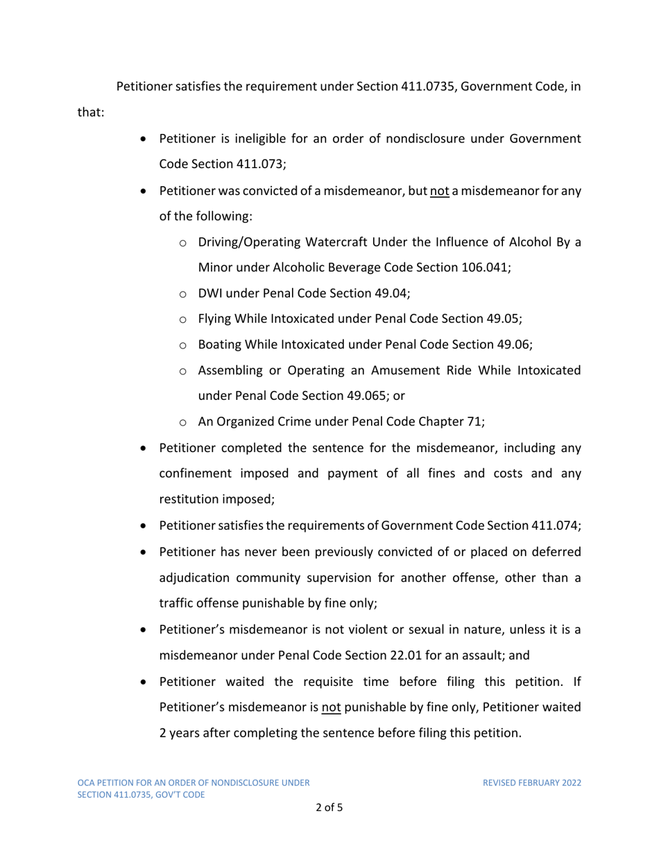 Petition for Order of Nondisclosure Under Section 411.0735 - Texas, Page 2