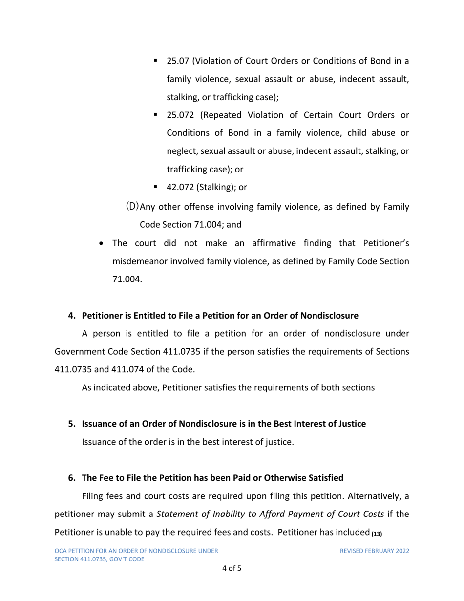 Petition for Order of Nondisclosure Under Section 411.0735 - Texas, Page 4