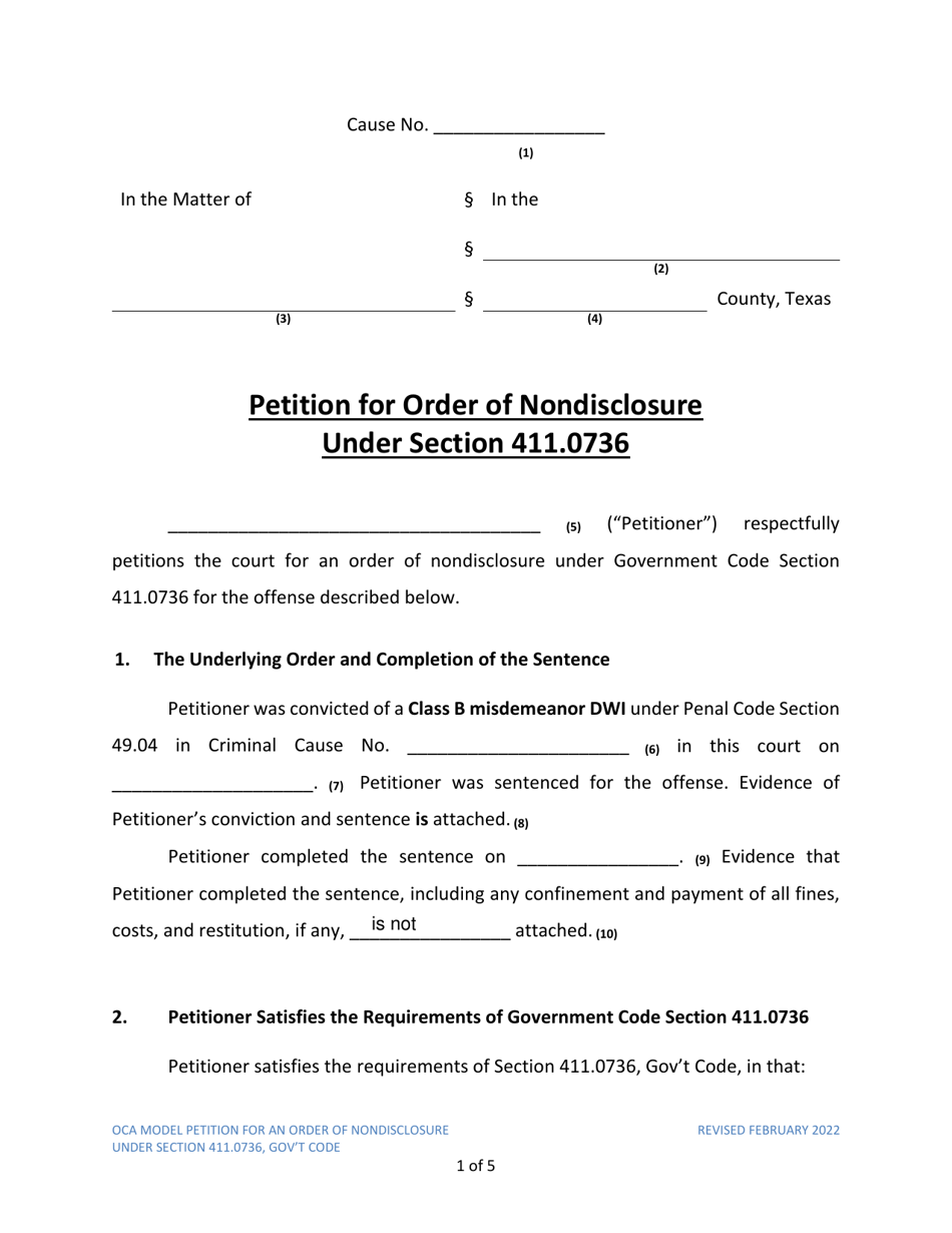 Petition for Order of Nondisclosure Under Section 411.0736 - Texas, Page 1