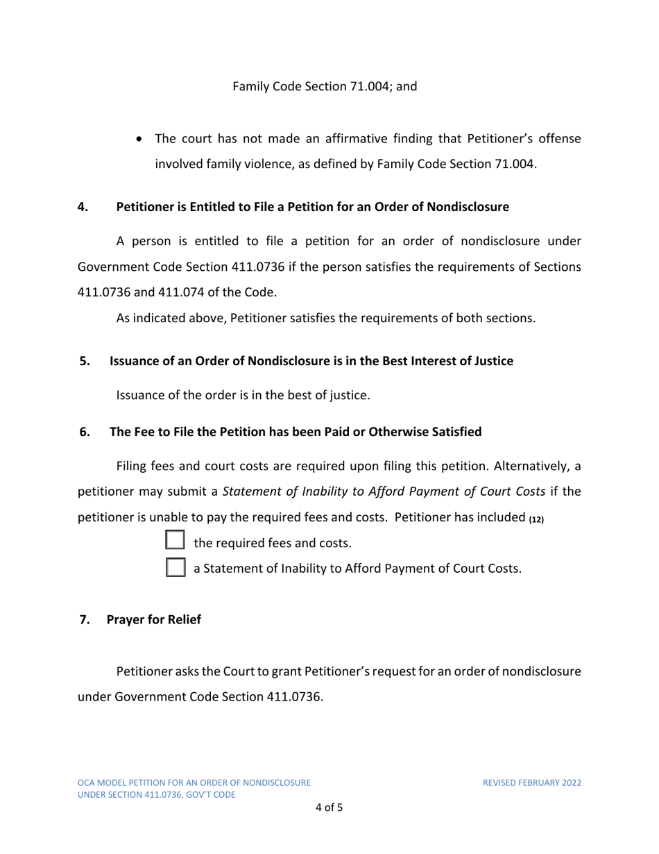 Petition for Order of Nondisclosure Under Section 411.0736 - Texas, Page 4