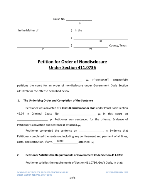 Petition for Order of Nondisclosure Under Section 411.0736 - Texas Download Pdf