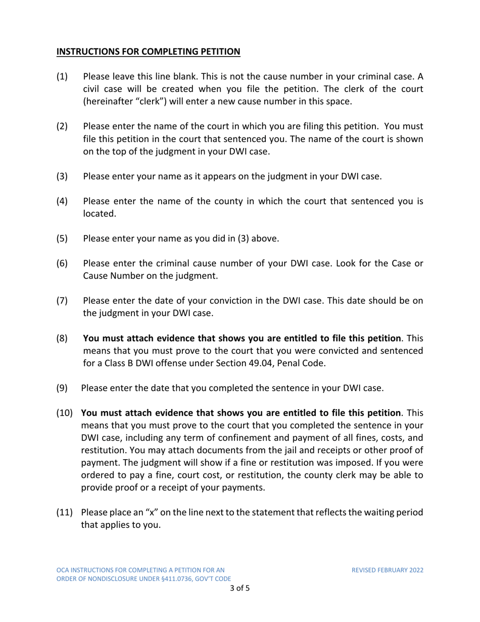 Instructions for Model Petition for Order of Nondisclosure Under Section 411.0736 - Texas, Page 3