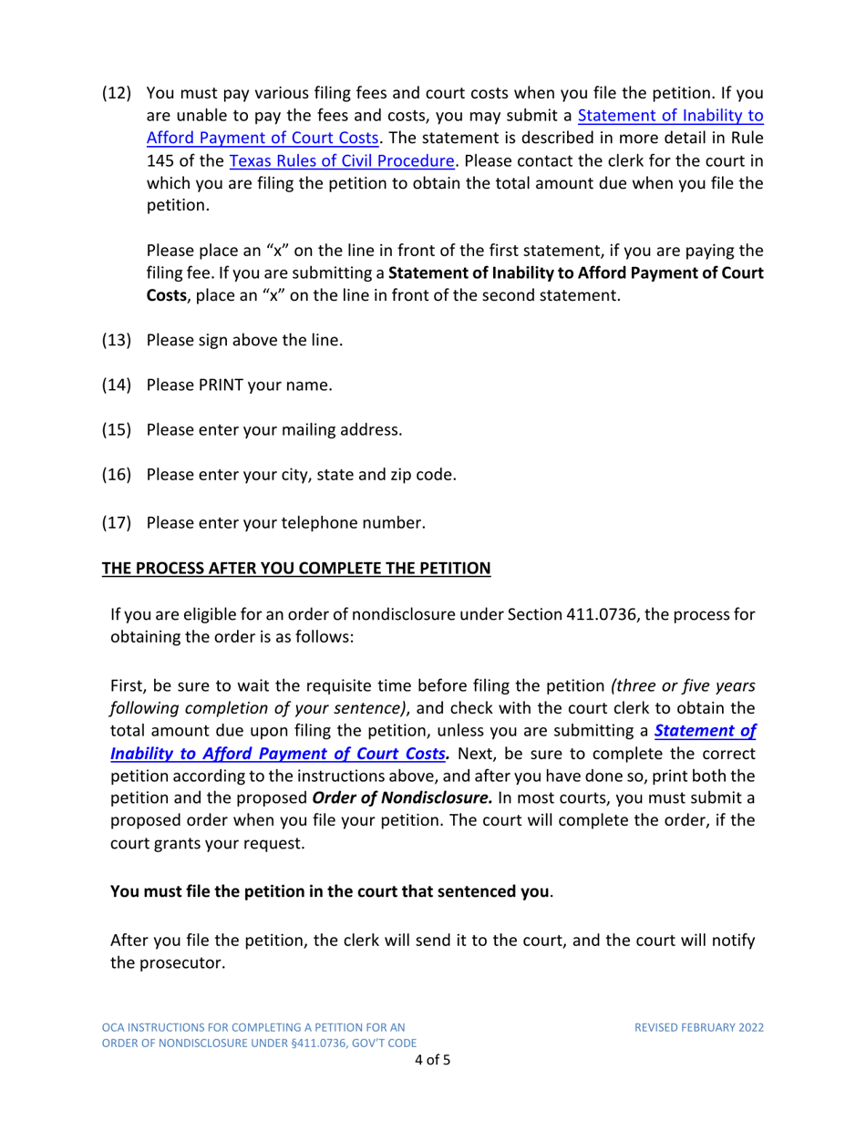 Instructions for Model Petition for Order of Nondisclosure Under Section 411.0736 - Texas, Page 4