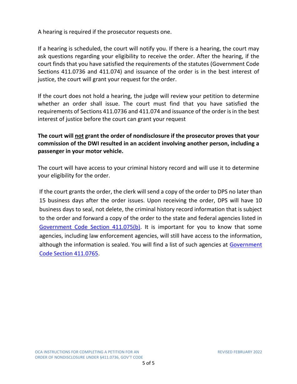 Instructions for Model Petition for Order of Nondisclosure Under Section 411.0736 - Texas, Page 5