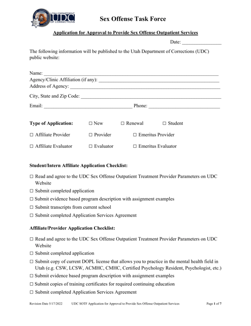 Application for Approval to Provide Sex Offense Outpatient Services - Utah Download Pdf