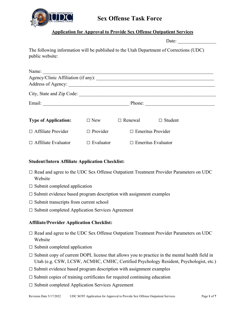 Application for Approval to Provide Sex Offense Outpatient Services - Utah, Page 1