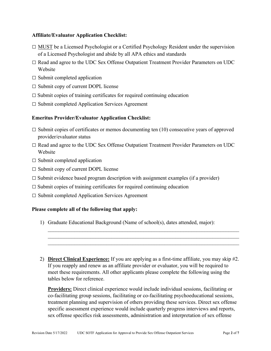 Application for Approval to Provide Sex Offense Outpatient Services - Utah, Page 2