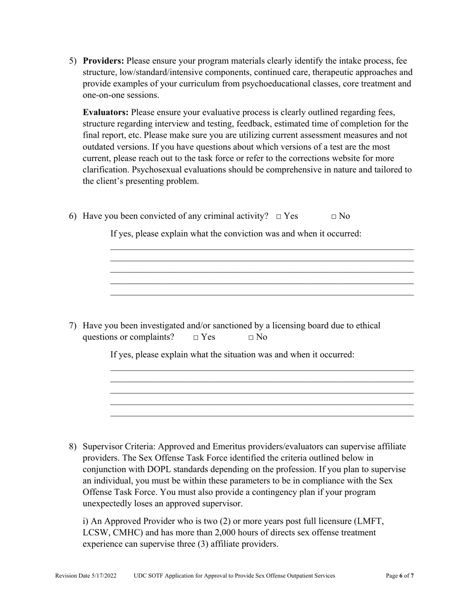Application for Approval to Provide Sex Offense Outpatient Services - Utah, Page 6