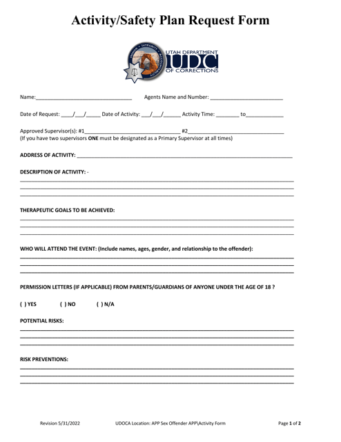 Activity / Safety Plan Request Form - Utah Download Pdf