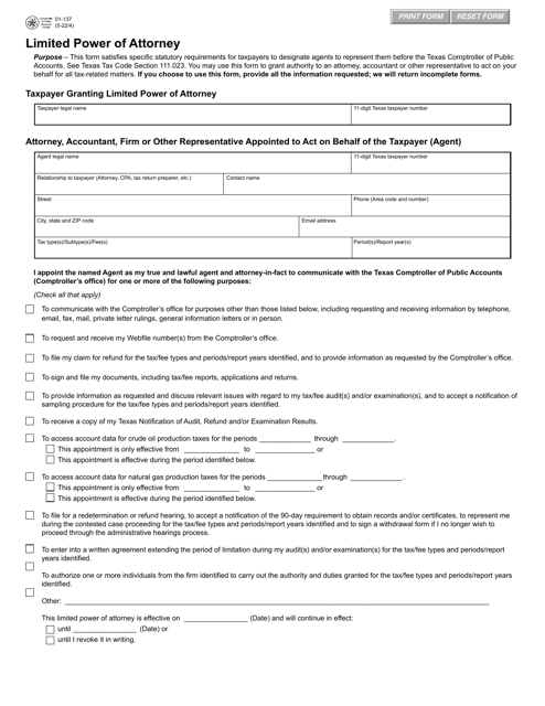 Form 01-137 Limited Power of Attorney - Texas