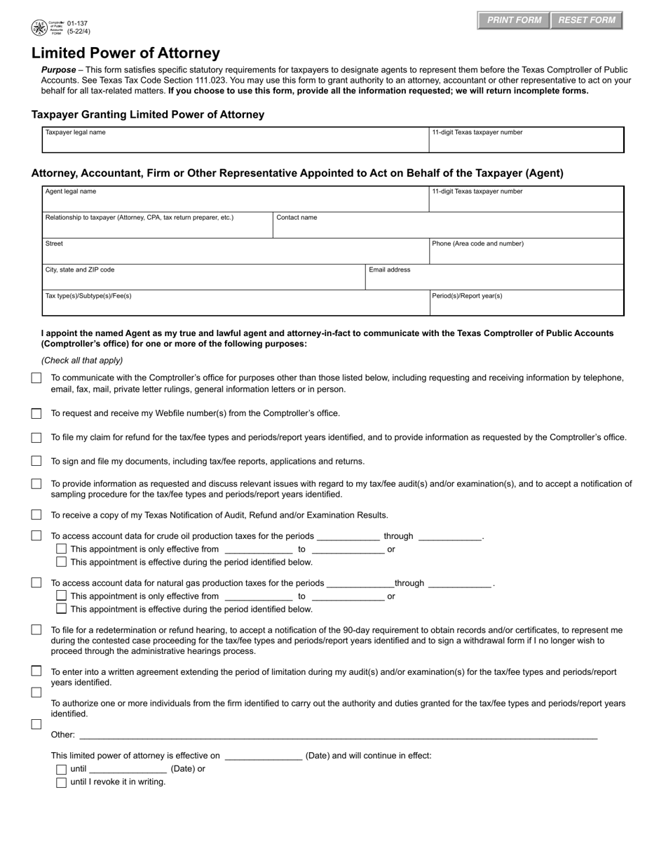 Form 01-137 Limited Power of Attorney - Texas, Page 1