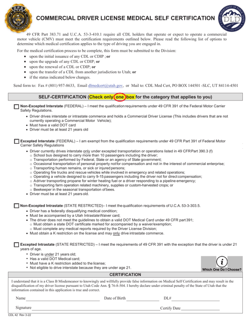 Form CDL42 Commercial Driver License Medical Self Certification - Utah