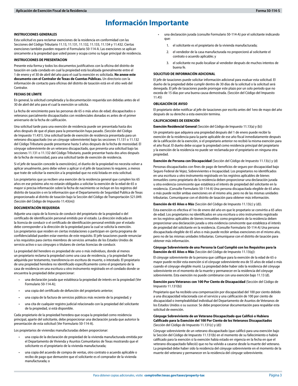 Formulario 50-114-S Aplicacion De Exencion Fiscal De La Residencia - Texas (Spanish), Page 3