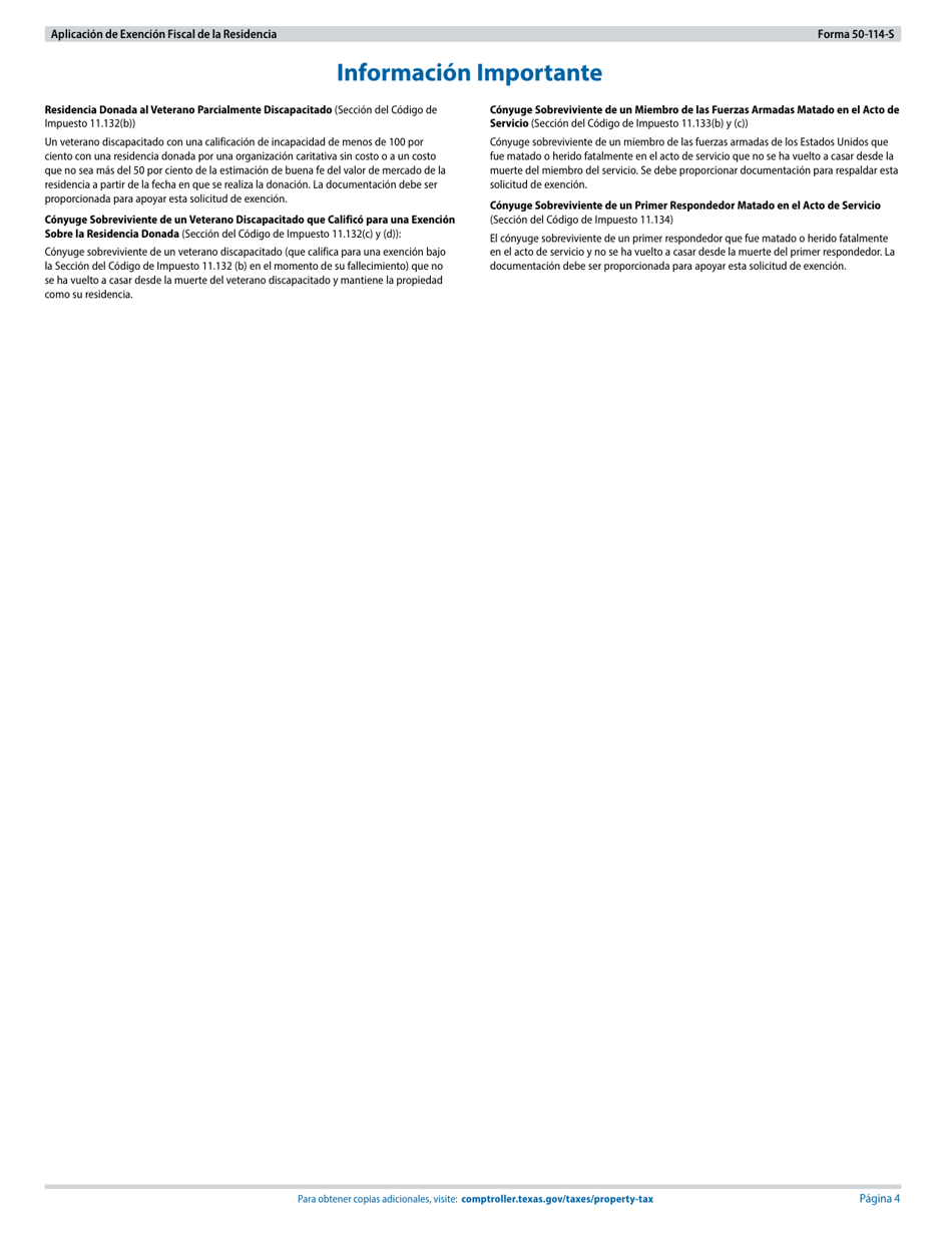 Formulario 50-114-S Aplicacion De Exencion Fiscal De La Residencia - Texas (Spanish), Page 4