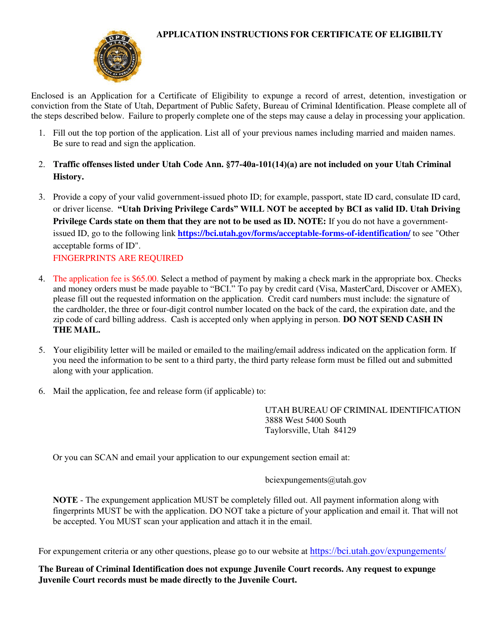 Application for Certificate of Eligibility - Utah Download Pdf