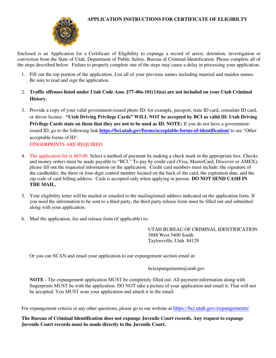 Application for Certificate of Eligibility - Utah, Page 1