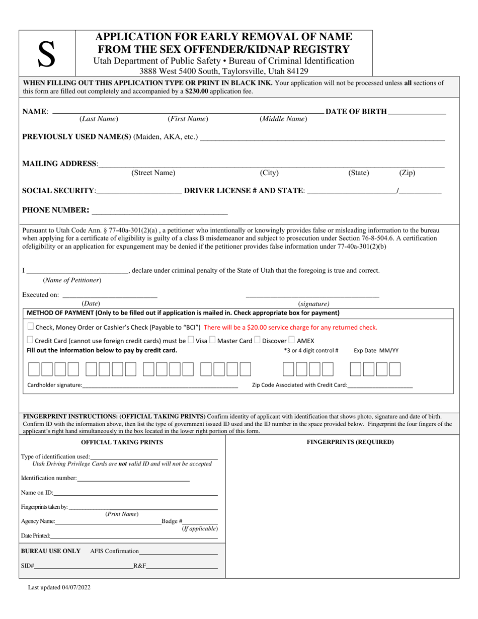 Application for Early Removal of Name From the Sex Offender / Kidnap Registry - Utah, Page 2