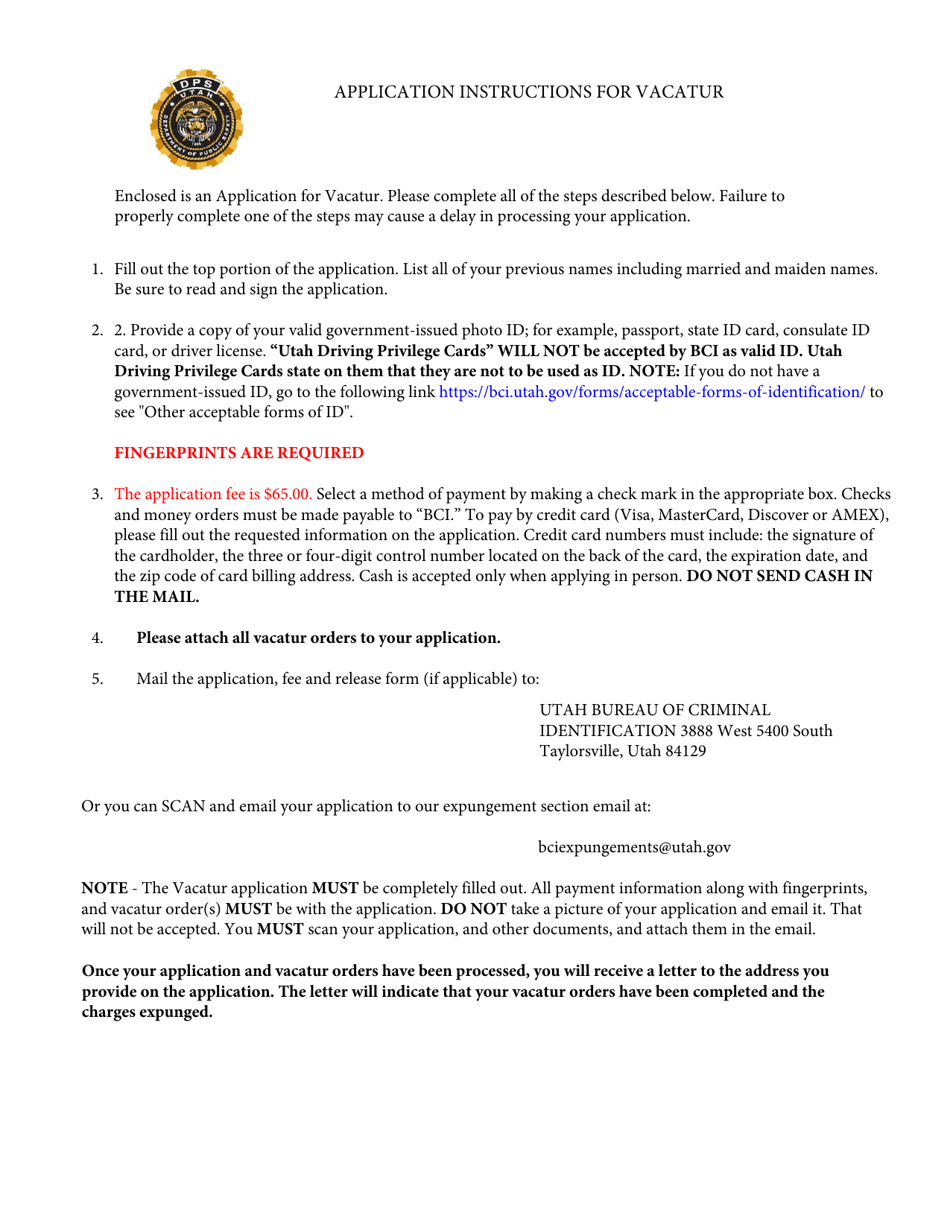Utah Application for Vacatur Expungement Fill Out, Sign Online and