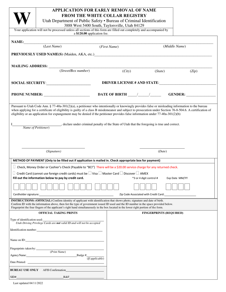 Application for Early Removal of Name From the White Collar Registry - Utah, Page 2