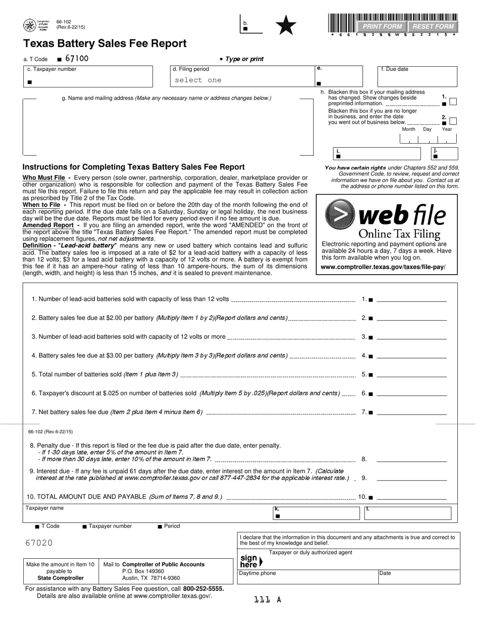 Form 66-102 Texas Battery Sales Fee Report - Texas, Page 1