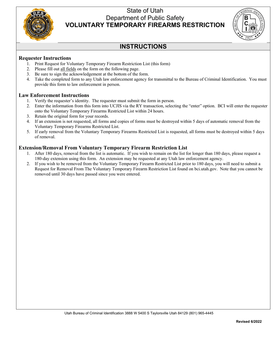 Request for Inclusion in the Voluntary Temporary Firearms Restriction List - Utah, Page 1