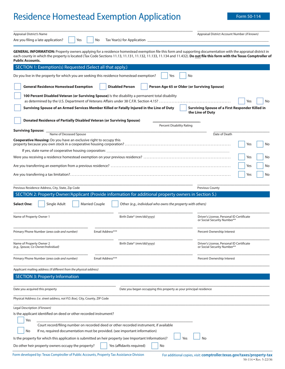 Form 50114 Download Fillable PDF or Fill Online Residence Homestead