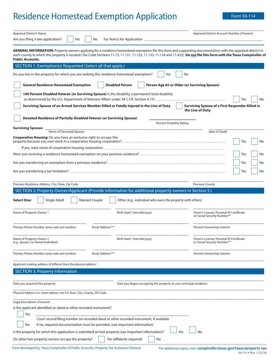 Form 50-114 Residence Homestead Exemption Application - Texas, Page 1