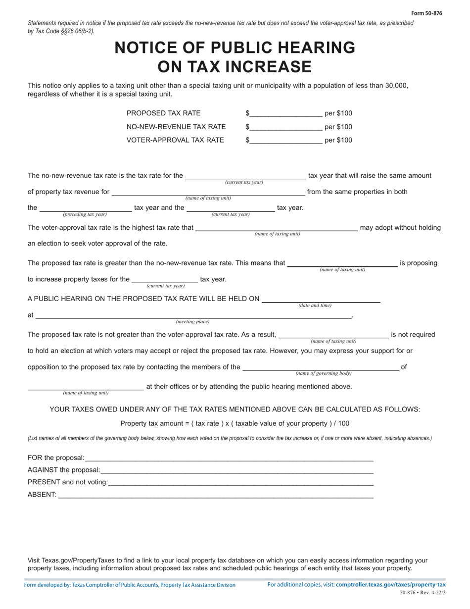 Form 50-876 Notice of Public Hearing on Tax Increase - Proposed Rate Exceeds No-New-Revenue, but Not Voter-Approval Tax Rate - Texas, Page 1