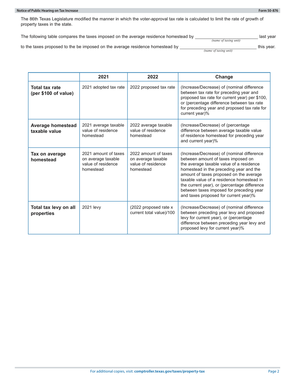 Form 50-876 Notice of Public Hearing on Tax Increase - Proposed Rate Exceeds No-New-Revenue, but Not Voter-Approval Tax Rate - Texas, Page 2