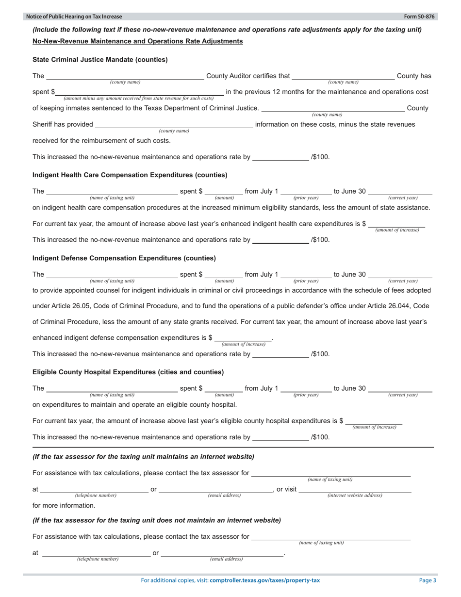 Form 50-876 Notice of Public Hearing on Tax Increase - Proposed Rate Exceeds No-New-Revenue, but Not Voter-Approval Tax Rate - Texas, Page 3