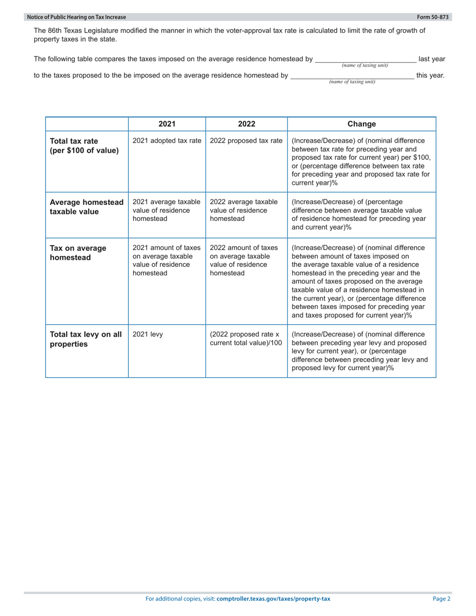 Form 50-873 Notice of Public Hearing on Tax Increase - Proposed Rate Exceeds No-New-Revenue and Voter-Approval Tax Rate - Texas, Page 2