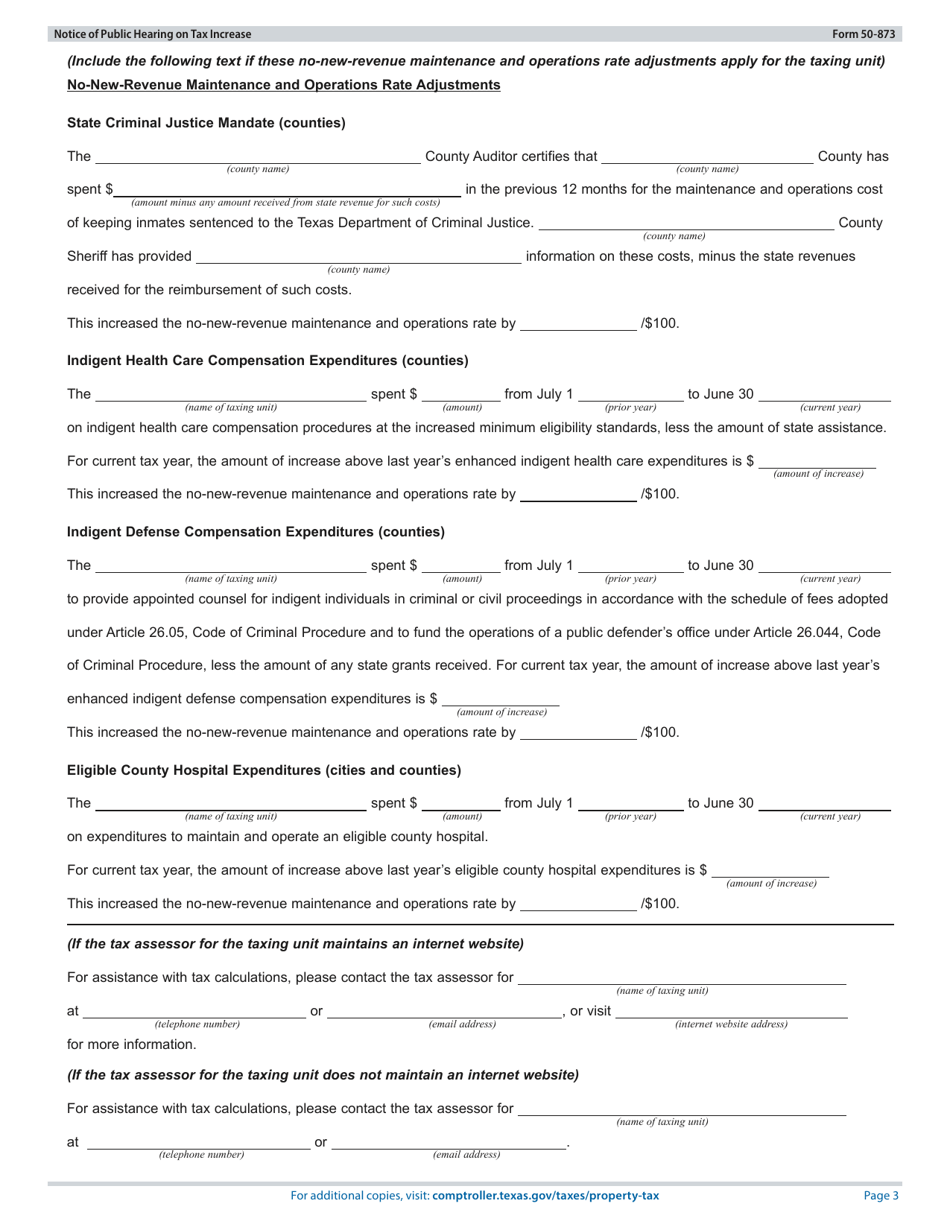 Form 50-873 Notice of Public Hearing on Tax Increase - Proposed Rate Exceeds No-New-Revenue and Voter-Approval Tax Rate - Texas, Page 3