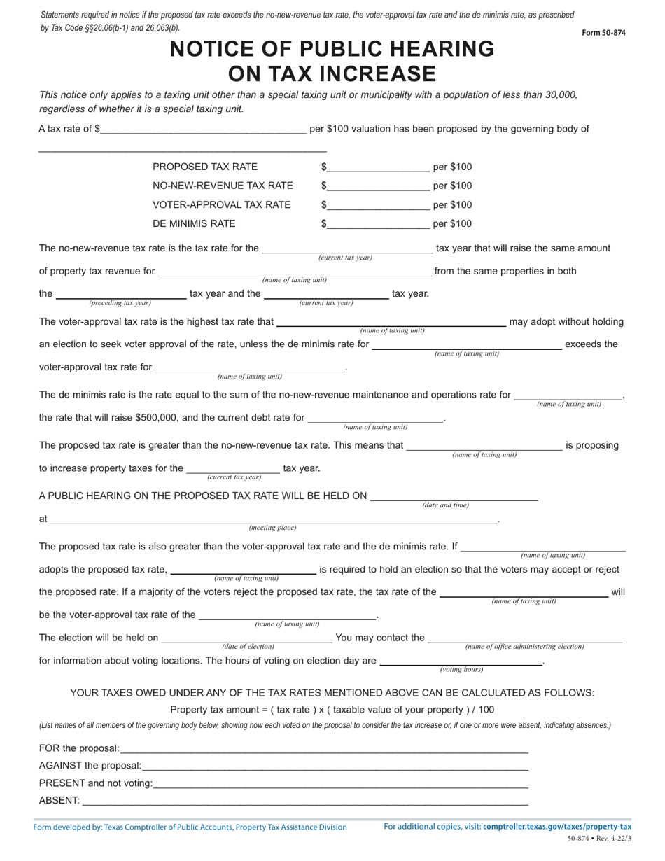 Form 50-874 Notice of Public Hearing on Tax Increase - Proposed Rate Greater Than Voter-Approval Tax Rate and De Minimis Rate - Texas, Page 1
