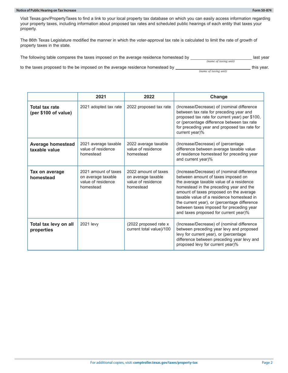 Form 50-874 Notice of Public Hearing on Tax Increase - Proposed Rate Greater Than Voter-Approval Tax Rate and De Minimis Rate - Texas, Page 2
