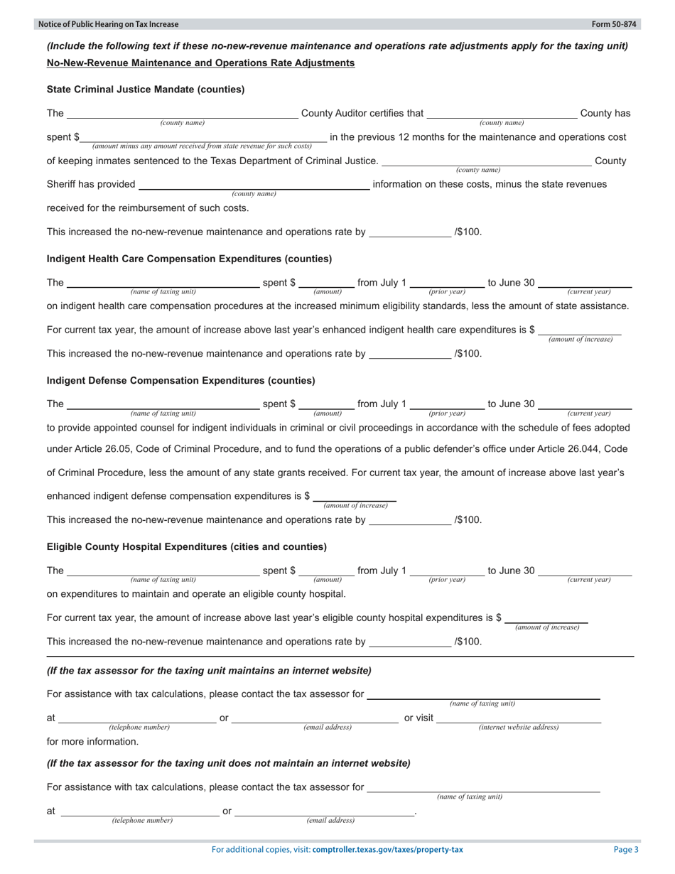 Form 50-874 Notice of Public Hearing on Tax Increase - Proposed Rate Greater Than Voter-Approval Tax Rate and De Minimis Rate - Texas, Page 3