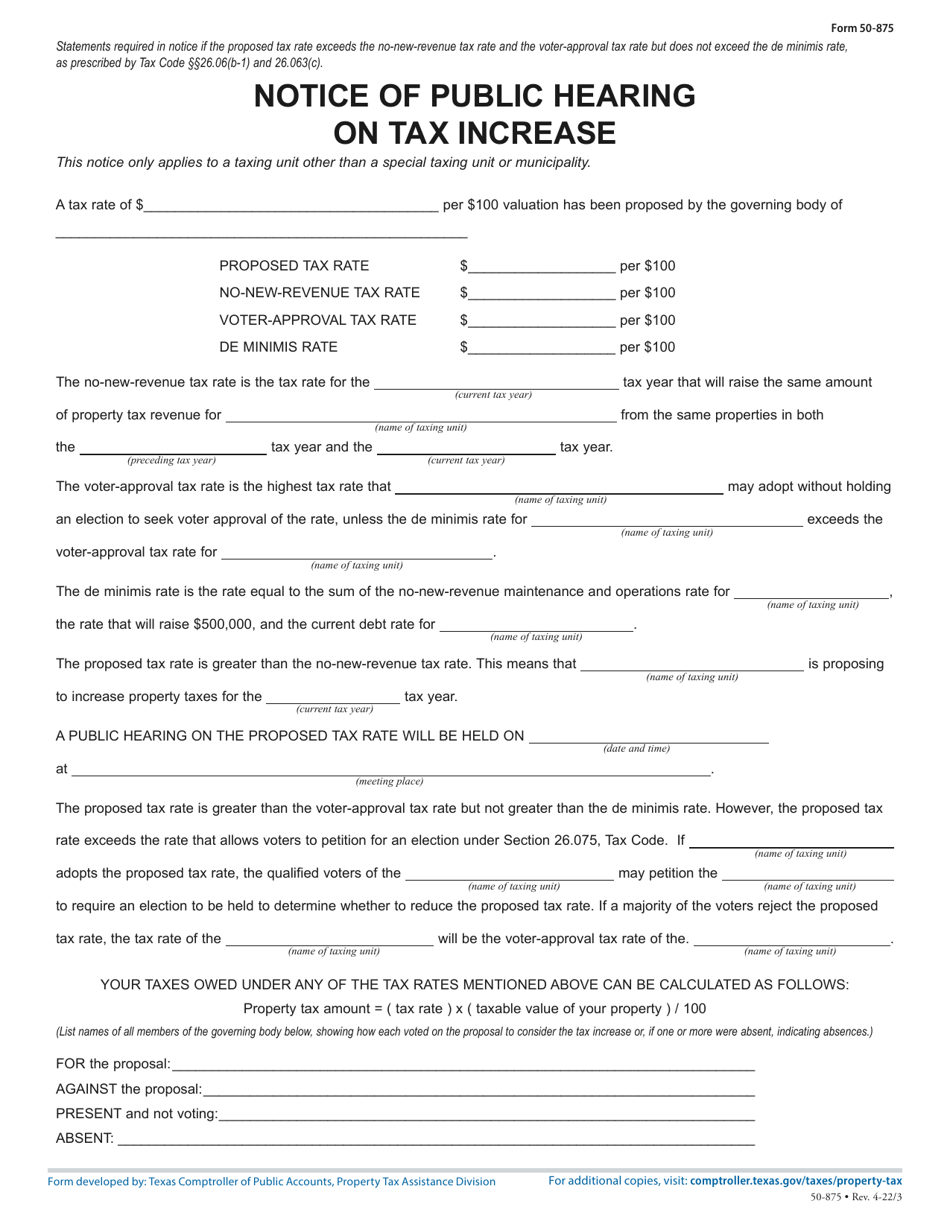 Form 50-875 Notice of Public Hearing on Tax Increase - Proposed Rate Exceeds No-New-Revenue and Voter-Approval Tax Rate, but Not De Minimis Rate - Texas, Page 1