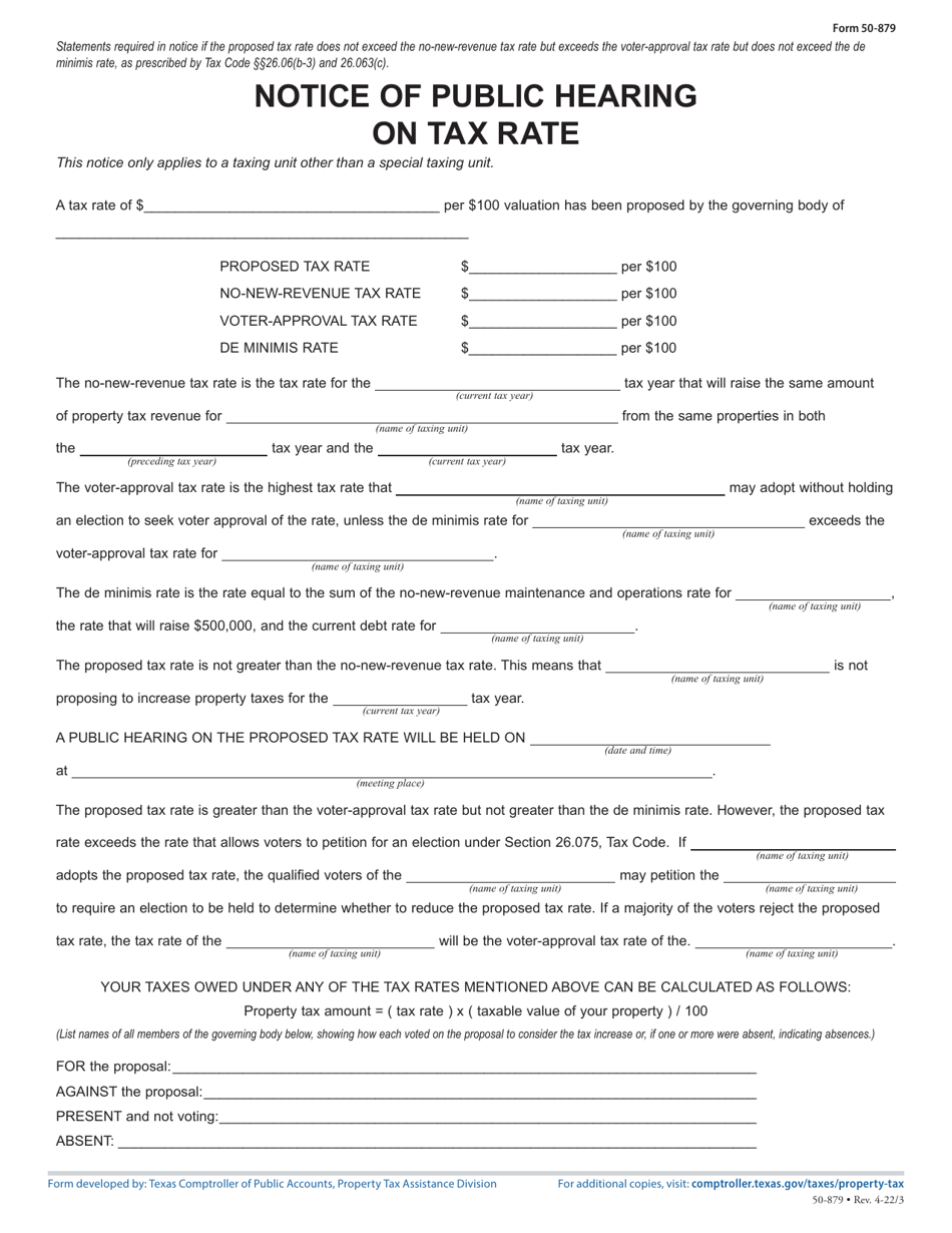 Form 50-879 Notice of Public Hearing on Tax Increase - Proposed Rate Exceeds No-New-Revenue and Voter-Approval Tax Rate, but Not De Minimis Rate - Texas, Page 1